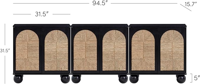 Nathan James Leah Boho TV Stand or Sideboard Cabinet for Kitchen or Living Room with Ball-Style Feet, Natural Seagrass Door Fronts and Solid Wood Legs, Black Set of 3