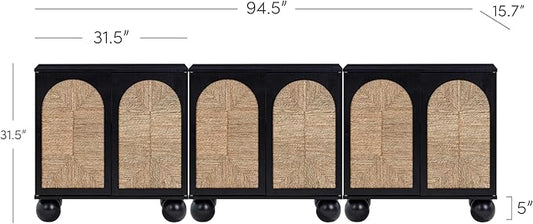 Nathan James Leah Boho TV Stand or Sideboard Cabinet for Kitchen or Living Room with Ball-Style Feet, Natural Seagrass Door Fronts and Solid Wood Legs, Black Set of 3