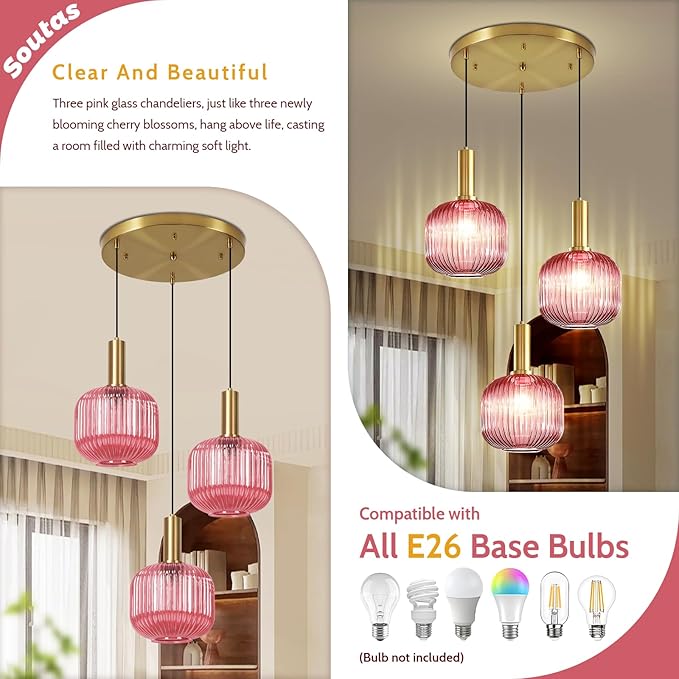 3-Light Glass Pendant Chandelier Pink Pendant Light Vintage Cluster Pendant Lights Kitchen Island Gold Light Fixtures Ceiling Hanging Dining Room Lights Over Table Lighting