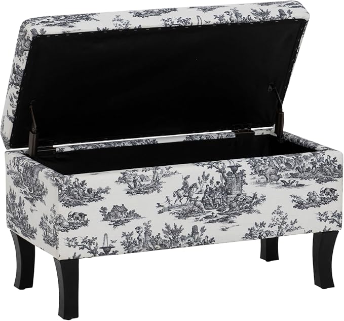 Linon Stephanie Black and White Toile Fully Upholstered Bench with Hidden Interior Storage