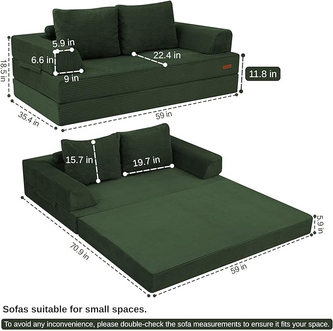 COMAX Futon Sofa Bed, Convertible Folding Sofa Bed, Boneless Couch Loveseat Corduroy with Pillows, Small Foldable Floor Couch Comfy Lounge Sleeper for Living Room Bedroom, Green