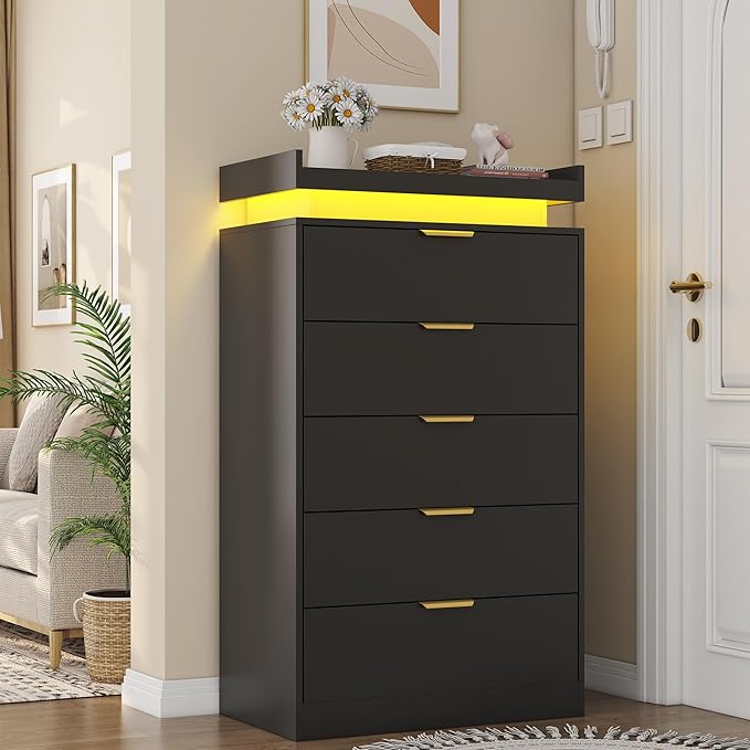 Tall Dresser for Bedroom, Black Dresser with LED Lights, Wood 5 Drawer Chest with Power Outlet, Modern Tall Chest of Drawers for Bedroom, Entryway, Hallway