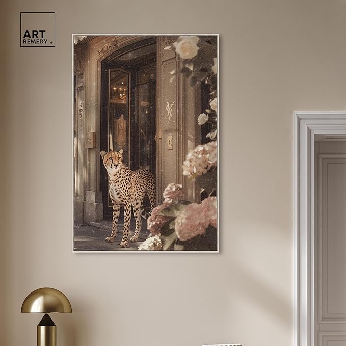 Art Remedy Cheetah at the Store Canvas Fashion Designer Wall Art, Silver Frame, 30" x 45"