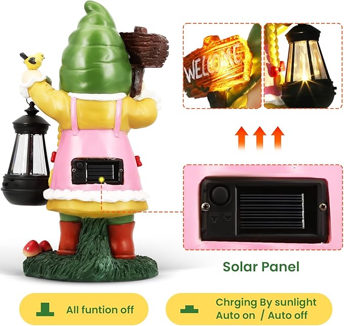 Solar Garden Gnome Outdoor Decor - Solar Garden Gnomes Outdoor Statues - Solar Gilrs Gnomes Decorations for Outside - Large Welcome Garden Gnomes Figurine - Unique Birthday Housewarming Gifts