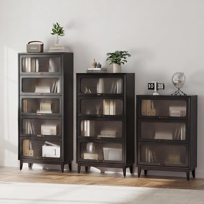 60'H Solid Wood Bookcase,4 Tier Tall Black Book case with Doors, Display Cabinet Storage Shelves for Collectibles, Living Room Bedroom Home Office Kitchen