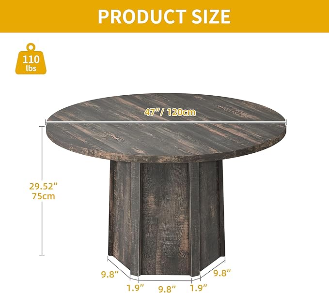 YITAHOME 47" Round Dining Table for 4-6 People Farmhouse Industrial Dinning Room Table with 1.18" Thick Wooden Tabletop Rustic Circle Dining Table with Hexagonal Base for Kitchen Restaurant Apartment