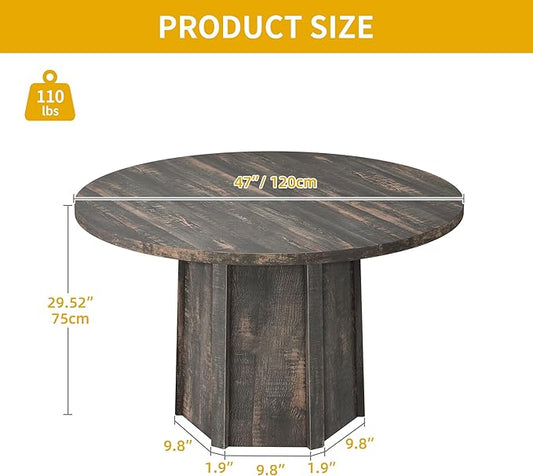 YITAHOME 47" Round Dining Table for 4-6 People Farmhouse Industrial Dinning Room Table with 1.18" Thick Wooden Tabletop Rustic Circle Dining Table with Hexagonal Base for Kitchen Restaurant Apartment