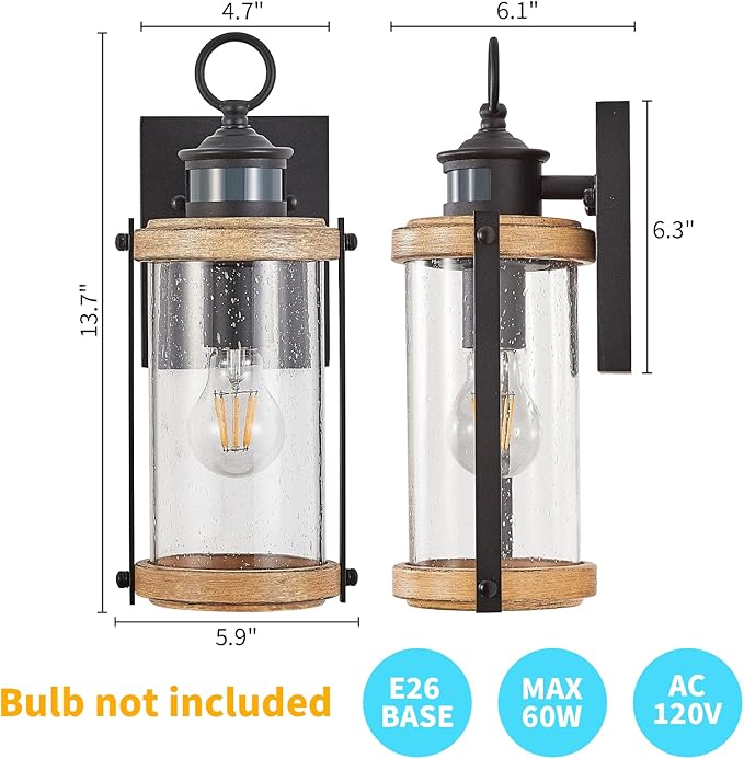 Motion Sensor Outdoor Wall Light Waterproof,Dusk to Dawn Outdoor Lighting,Outdoor Light for House with Seeded Glass,Matte Black & Wood Grain Finish,1 Pack