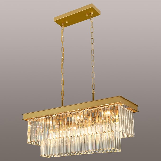 Crystal Chandeliers for Dining Room Light Fixtures Over Table，9-Lights Gold Modern Rectangle Chandeliers for Kitchen Island Bar L28 Inch