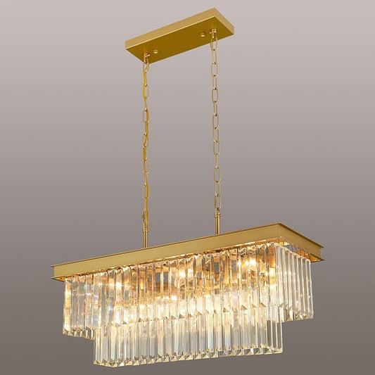 Crystal Chandeliers for Dining Room Light Fixtures Over Table，9-Lights Gold Modern Rectangle Chandeliers for Kitchen Island Bar L28 Inch