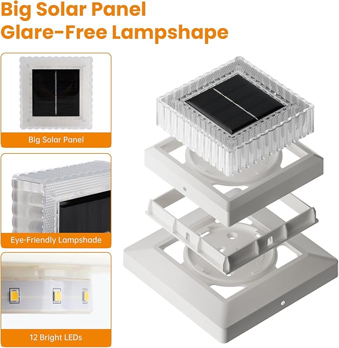 APONUO Solar Post Cap Lights, 12-Pack Fence Post Solar Lights with 20 Lumens 3-Sided Panoramic Glow, IP65 Waterproof Fence, Deck, Patio, Garden Decor, Easy No-Tool Install for 4x4 5x5 Posts, White