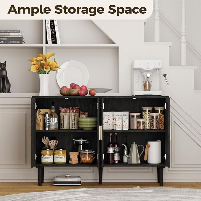 Modern Rattan-Door Sideboard Cabinet – 4-Door Credenza Buffet with Ample Storage, Large Accent Cabinet for Entryway, Living Room, Dining Room & Kitchen, Black & Grey