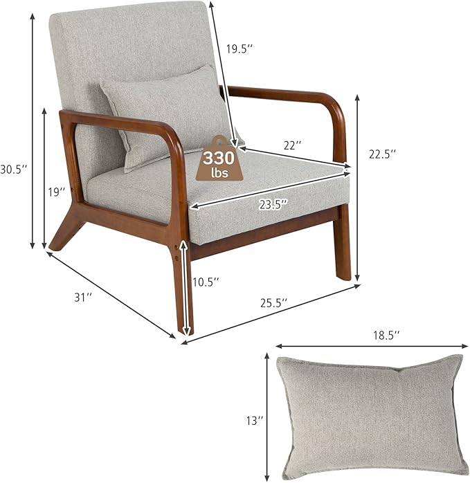Giantex Modern Accent Chair with Pillow - Comfy Upholstered Lounge Armchair with Anti-Slip Felt Pads, Wooden Frame Soft Padded Arm Chairs for Living Room, Bedroom, Study, Grey