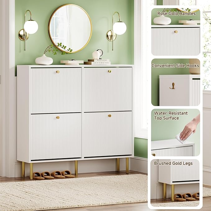 Nicetree Shoe Storage Cabinet for Entryway - 4 Flip Drawers Shoe Cabinet with Tiered Fluted Design - Slim Shoe Storage Rack with Gold Legs - Narrow Shoe Cabinet Hidden Shoe Organizer for Small Spaces