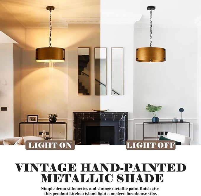 16" Drum Chandelier for Dining Room, E26 Modern Farmhouse Chandelier, 3-Light Golden Bronze Finish Vintage Chandelier Light Fixtures for Kitchen Foyer Entryway Bedroom