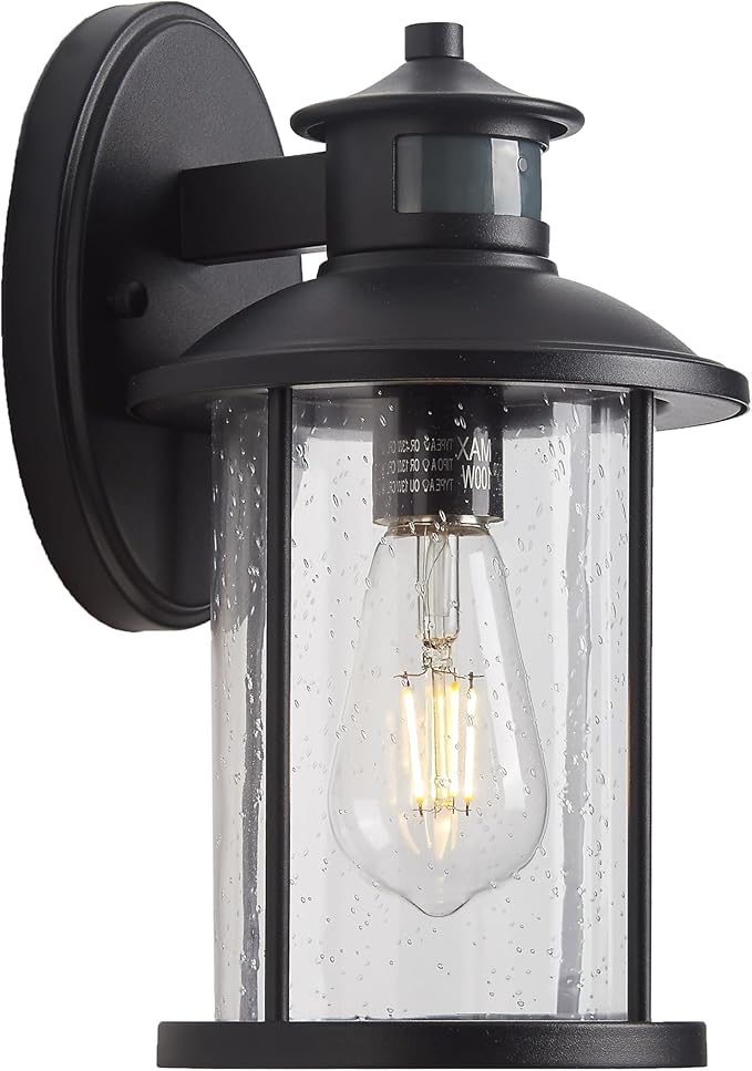 MICSIU 100W Max Motion Sensor Outdoor Wall Light, 3-Mode Dusk to Dawn Exterior Fixture, 1-Pack 11.5" Matte Black Anti-Rust Hardwired Security Sconce with Seedy Glass for Garage Porch Deck