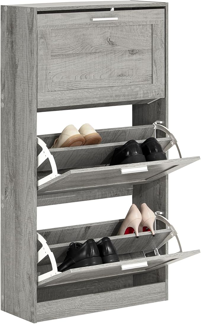 Haotian Shoe Storage Cabinet Entryway, Freestanding Shoe Cabinet with 3 Flip-Drawers Fully Enclosed Tall Shoe Rack Shoe Organizer, Grey, FSR137-L-HG