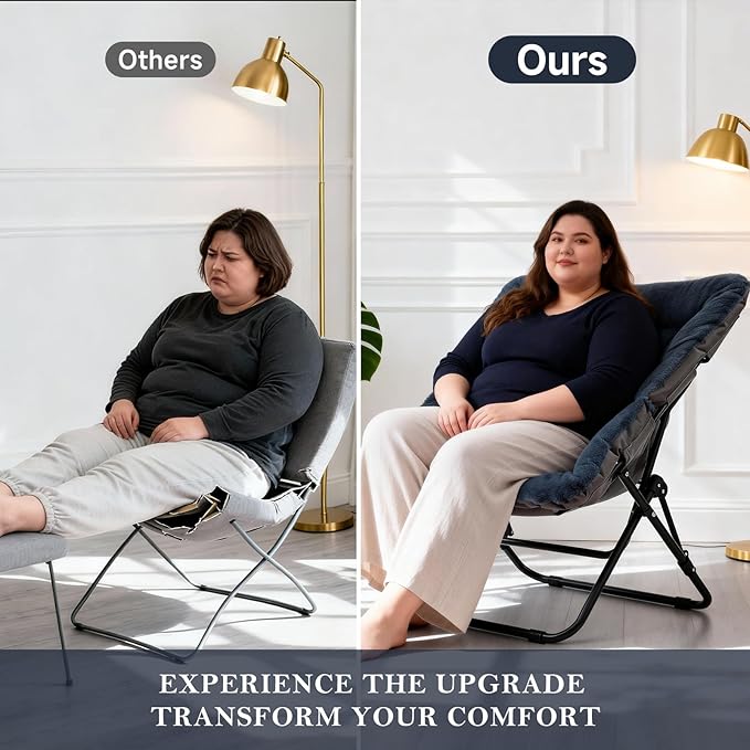 Saucer Chair, Comfy Doorm Chairs, Oversized Folding Faux Fur Chair, Foldable Metal Frame Chair, for Bedroom, Living Room, Balcony, Study, Playroom (Navy Blue)