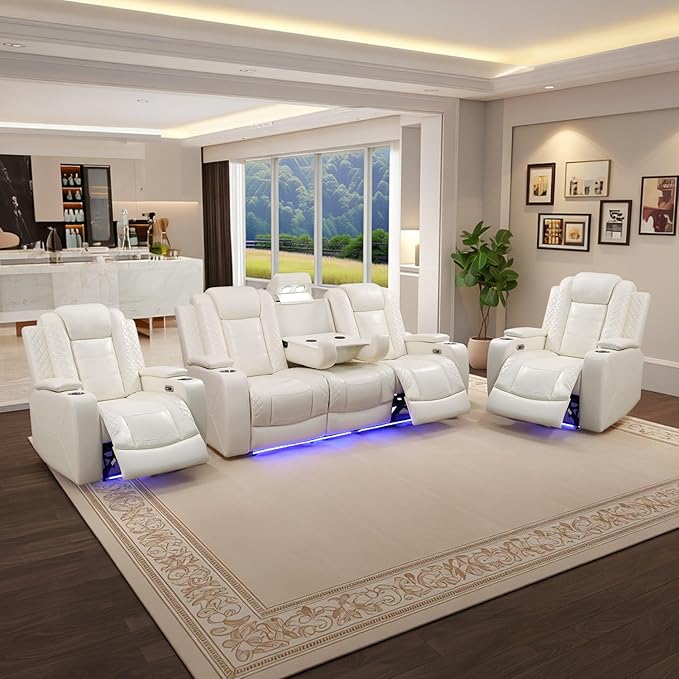 Power Leather Recliner Sofa Set with LED Light,Reclining Sofa and 2*Chairs Set with Coffee Table/USB Charger/Storage,Luxury Leather Couch for Living Room Furniture(3+1+1 Seats,Cream Stripes)