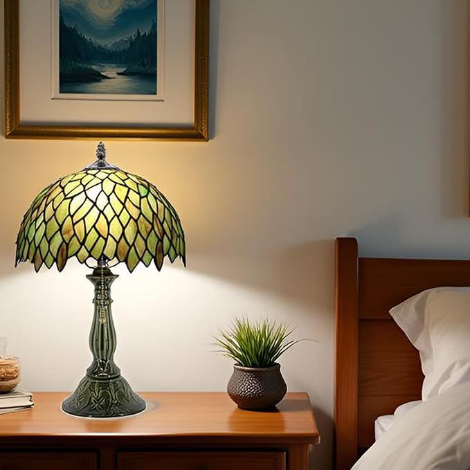 Tiffany Lamp Stained Glass Table Lamps Brownish Green Leafage Style Desk Lamp 12X12X18.5 Inch Bronze Ceramic Base Reading Light Suitable for Bedside Bedroom Living Room Dining Room Office