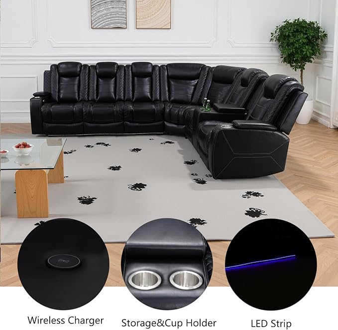 Power Recliner Sectional Sofa with LED Light, Breathing Leather Recliner Sofa Couch with USB Port/Cup Holder/Storage for Living Room (6 Seat Reclining Sectional Couch) (All Black Upgraded Version)