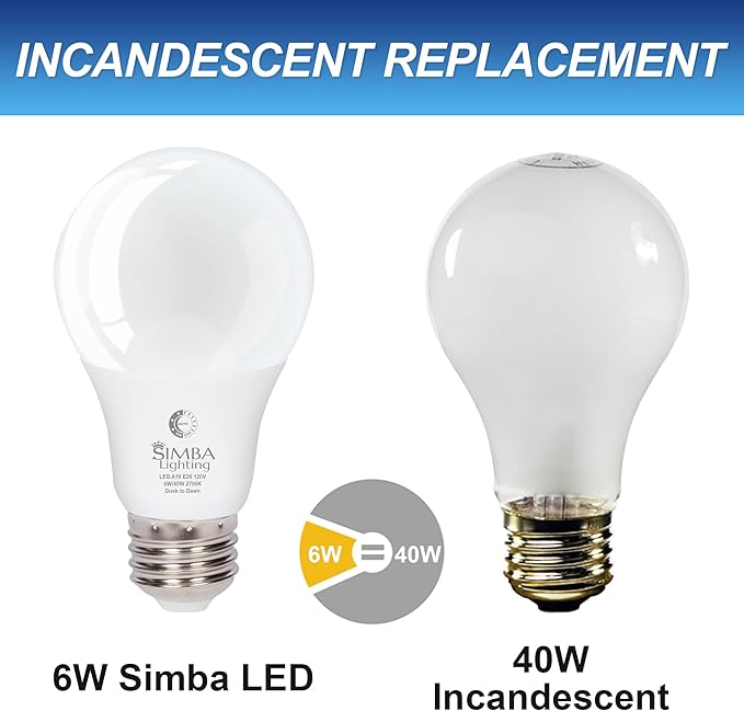 Simba Lighting LED Outdoor Light Bulbs with Photocell Sensor Dusk to Dawn Smart Auto On and Off (2 Pack) A19 6W 40W Replacement for Porch, Night Light, Garage Door, E26 Medium Base, 2700K Warm White