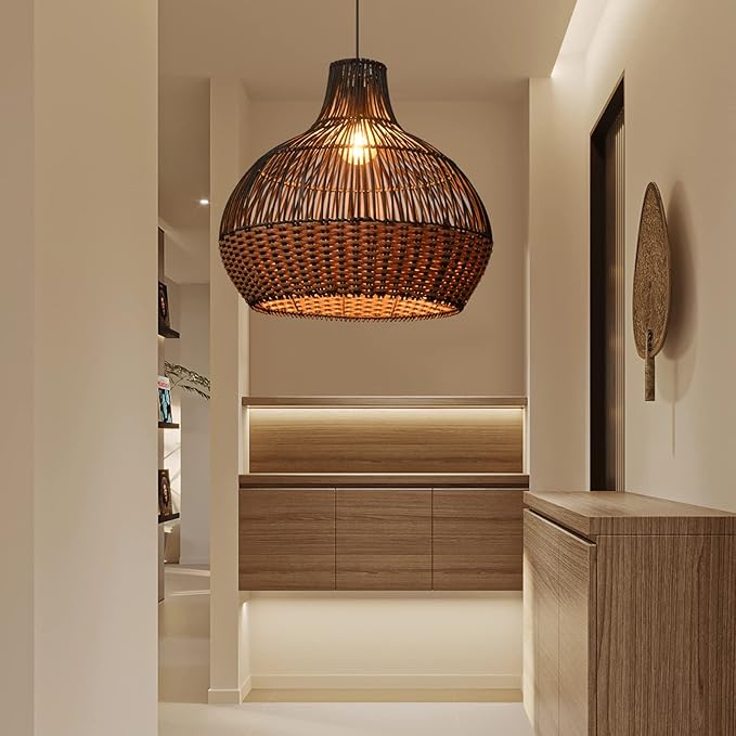 Arturesthome Rattan Pendant Lights, Wicker Chandelier Boho Basket Lighting Fixtures, Natural Woven Hanging Lamp for Kitchen Island Dining Room Black