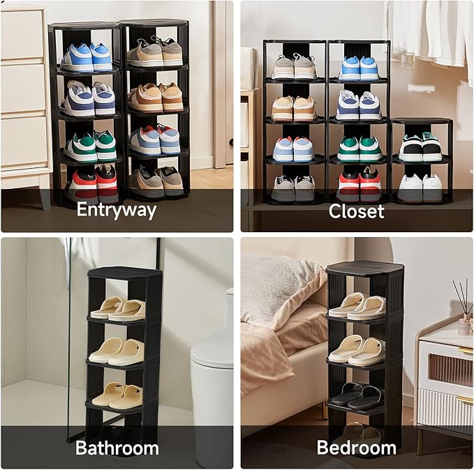 Small Shoe Rack, 7 Tier Plastic Vertical Shoe Rack for Small and Narrow Spaces, Free Standing Shoe Organizer for Closet, Entryway (Black)