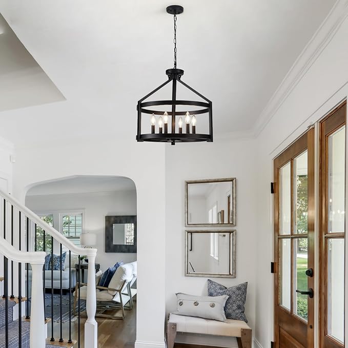 Black Farmhouse Chandelier for Dining Room,6-Light Modern Hanging Drum Chandeliers,20" Rustic Convertible Semi Flush Mount Ceiling Pendant Light Fixture for Kitchen Island Foyer Entryway Bedroom
