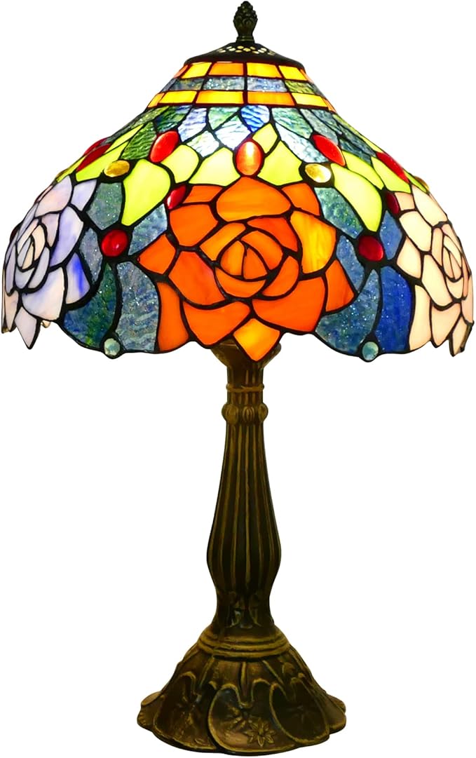 Tiffany Table Lamp Stained Glass Peony Flower Style Table Light, 12" Wide 19" Tall Handmade Bedside Table Night Lamp, Antique Art Craft Gifts for Living Room Bedroom Study Bookcase Desk Light