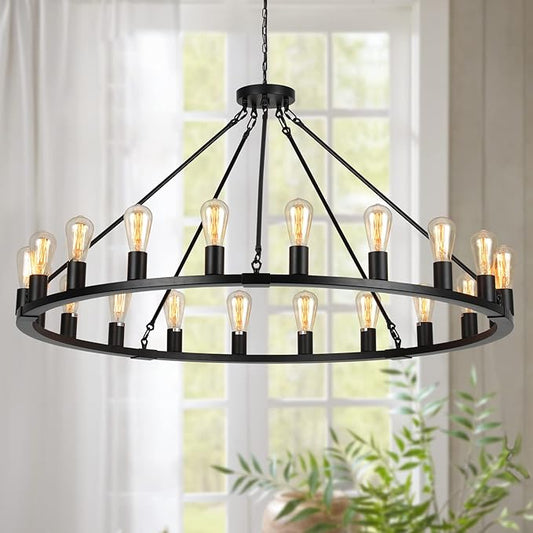 Wagon Wheel Chandelier, Large Black Farmhouse Chandelier for Dining Room Light Fixture, 20-Light 48 Inch Extra Hanging Lighting for High Ceilings Living Room Kitchen Island Foyer Villa
