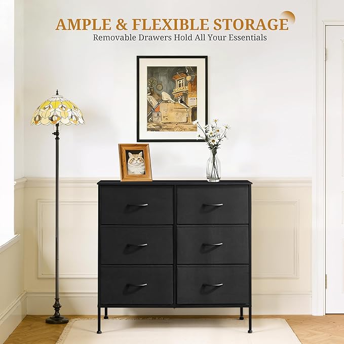 6-Drawer Fabric Dresser, Chest of Drawers Clothes Cabinet for Closet & Bedroom, Storage Organizer with Steel Frame for Entryway, Dorm, Living Room, Black