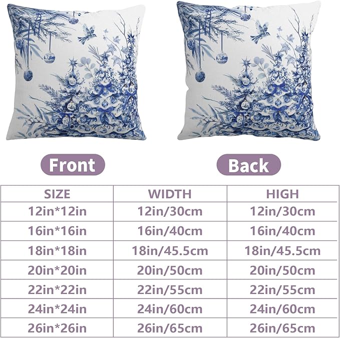 Christmas Tree Pillow Covers 18x18 Set of 2 Winter Blue White Chinoiserie Christmas Decorative Outdoor Throw Pillow Cases Farmhouse Xmas Holiday Pillowcase for Sofa Couch Porch