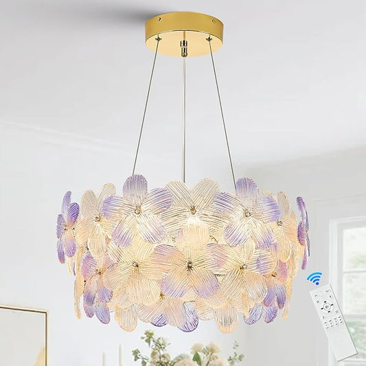Modern Purple Flower LED Chandelier 20'' Gold Elegant Crystal Lighting for Dining Room Dimmable Ceiling Pendant Light Fixture with Remote Control for Entryway Bedroom Kitchen(3000K-6500K)