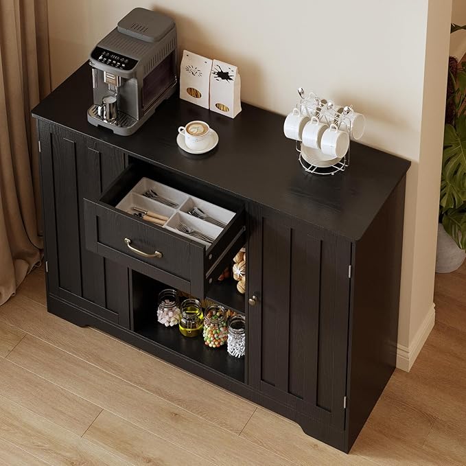 Gizoon Coffee Bar Cabinet with Door and Shelves Kitchen Hutch with Countertop, Kitchen Buffer Cabinet with Storage for Bedroom and Living Room, Black