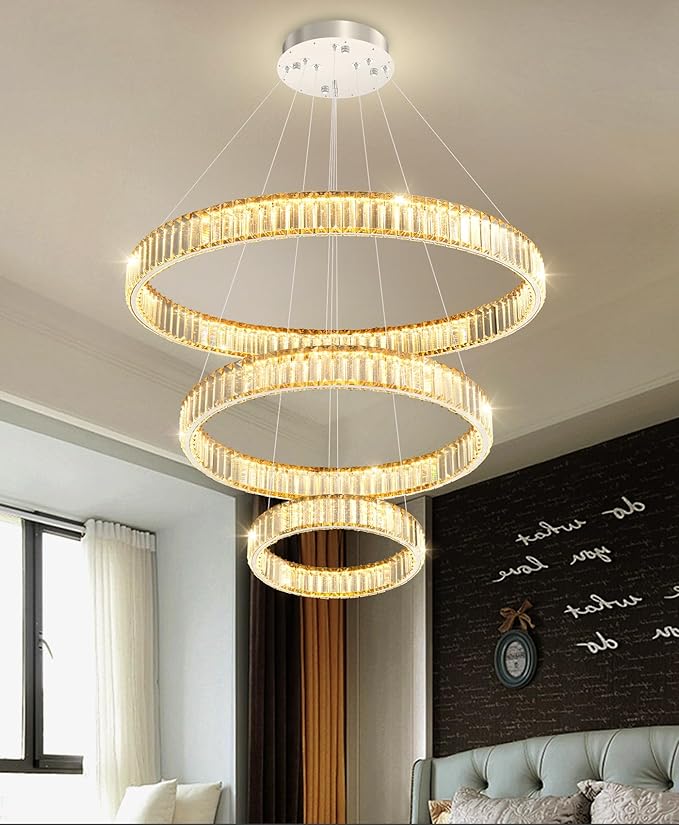 16‘’+24‘’+32'' Modern Ring Chandelier Crystal Chandeliers for Dining Room Round LED Dimmable Ceiling Light Fixture for Living Room Bedroom Lighting Gold