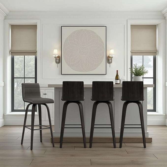 Vienna 30" Swivel Bar Stool in Black Wood Finish with Gray Faux Leather - Set of 4