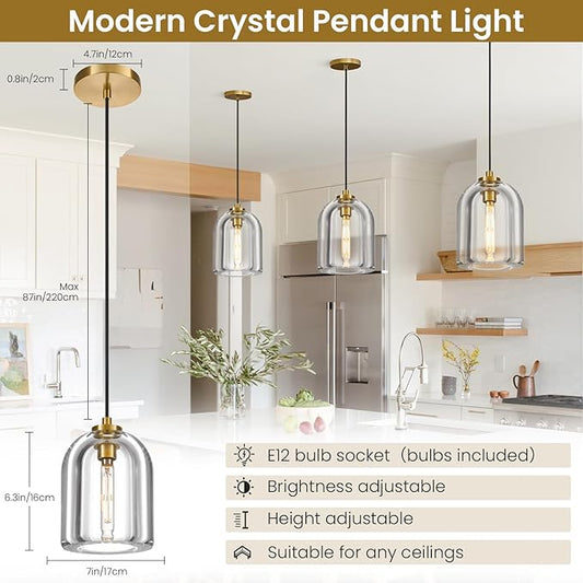 Crystal Pendant Light Kitchen Island: 2 Pack Gold K9 Crystals Lights - 5.1" Dimmable Contemporary Cylinder Light above Dining Table - Modern Ceiling Hanging Lighting for Bedroom E12 Bulbs Included