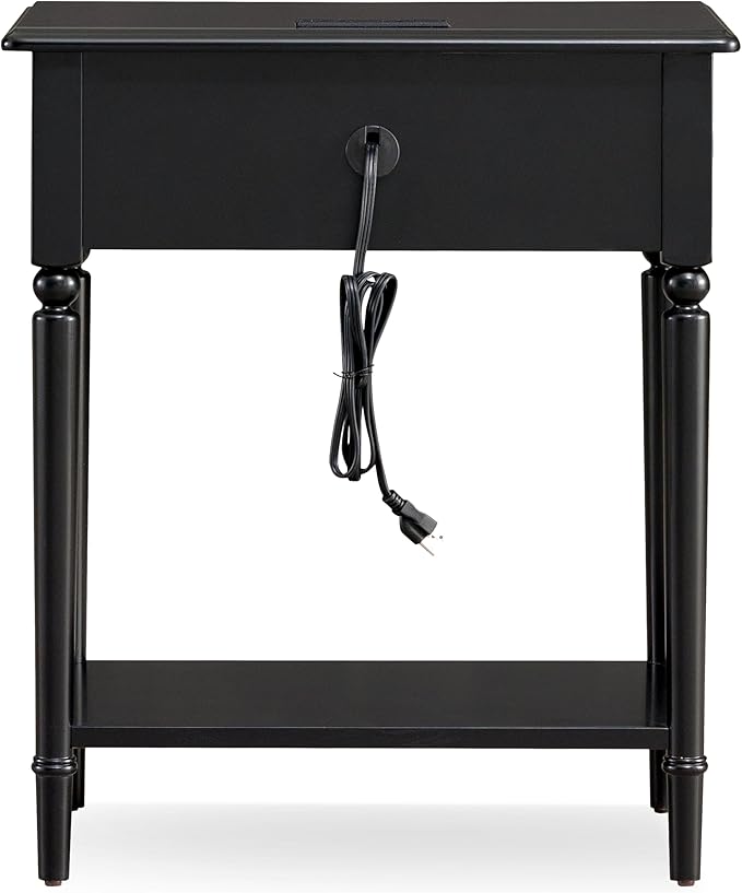 Leick Home Coastal End Table, Solid Wood, USB-C Charging Station, 1 Storage Drawer, Bottom Shelf, Easy-Assembly, For Bedroom/Living Room, Black Swan, 15.8 in. L x 24.0 in. W x 28.1 in. H, 20022-BK