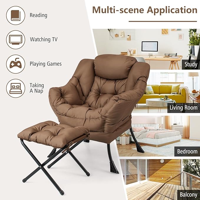 GORELAX Lazy Chair with Ottoman, Modern Accent Chair w/Armrests & Side Pocket, Upholstered Lounge Sofa Chair & Folding Footstool Set, Reading Chair for Bedroom, Living Room, Dorm Room (Brown)