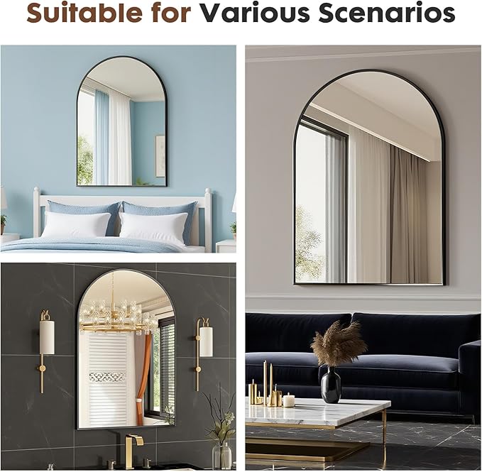 Wall Mounted Mirror, 26"x38" Arched Wall Bathroom Mirror, Black Vanity Wall Mirror with Metal Frame, Modern & Contemporary Arch Top Wall Mirror for Bedroom, Entryway, Living Room,Black