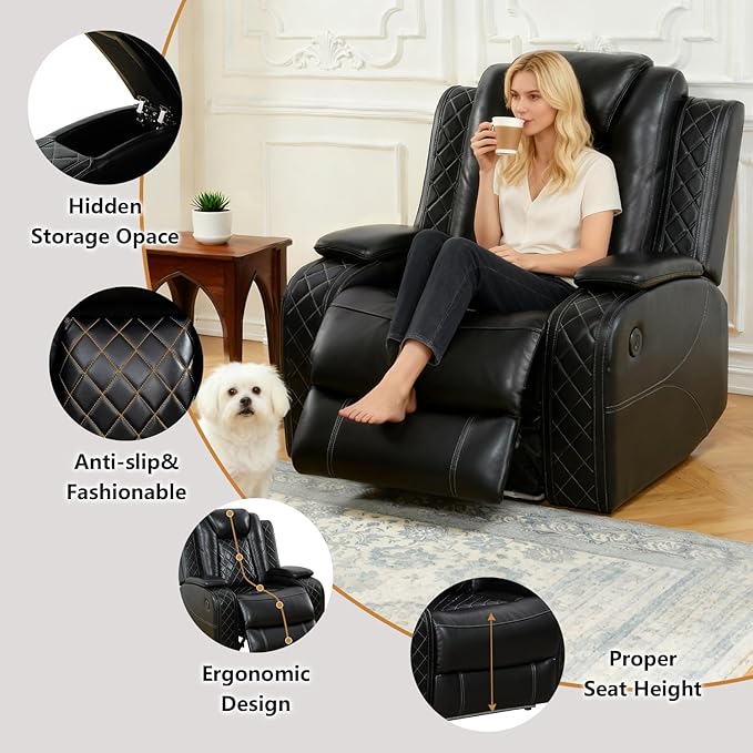 Power Leather Recliner Sofa Set with LED Light,Reclining Couch Set with USB Charger/Cup Holder/Storage,Leather Couch for Living Room Furniture Sets(3+2+1 Seats,Black)