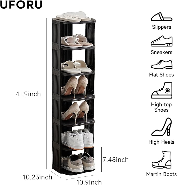 Small Shoe Rack, 7 Tier Plastic Vertical Shoe Rack for Small and Narrow Spaces, Free Standing Shoe Organizer for Closet, Entryway (Black)