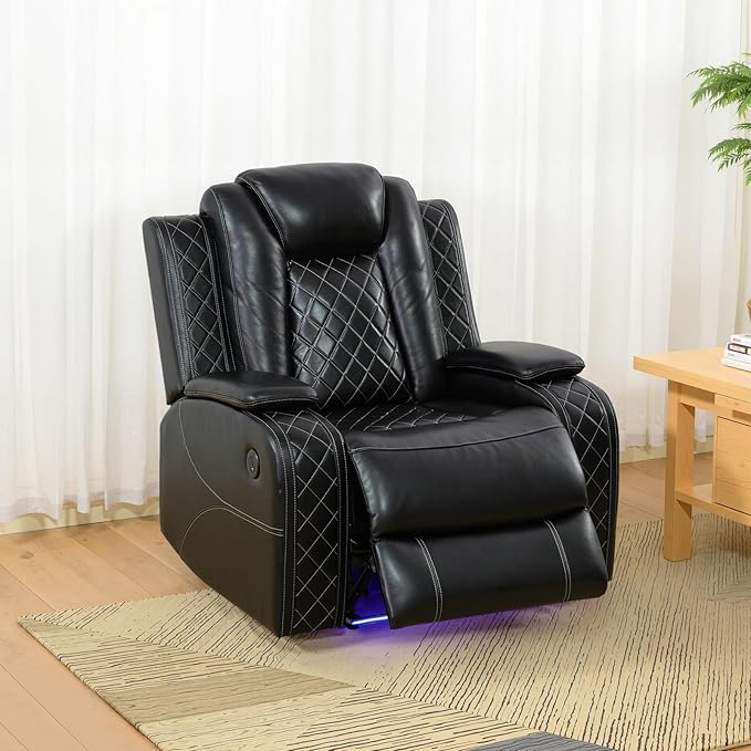 Power Recliner Sofa Set for Living Room, Leather Reclining Sofa Sets with Storage Console, Living Room Furniture Sets with LED Lights(Chair,Black)