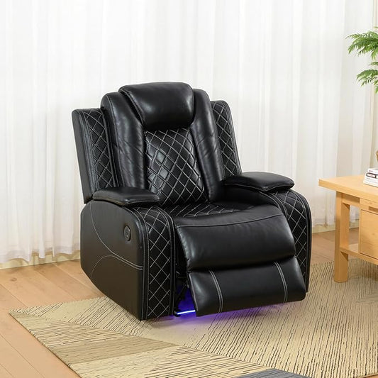 Power Recliner Sofa Set for Living Room, Leather Reclining Sofa Sets with Storage Console, Living Room Furniture Sets with LED Lights(Chair,Black)