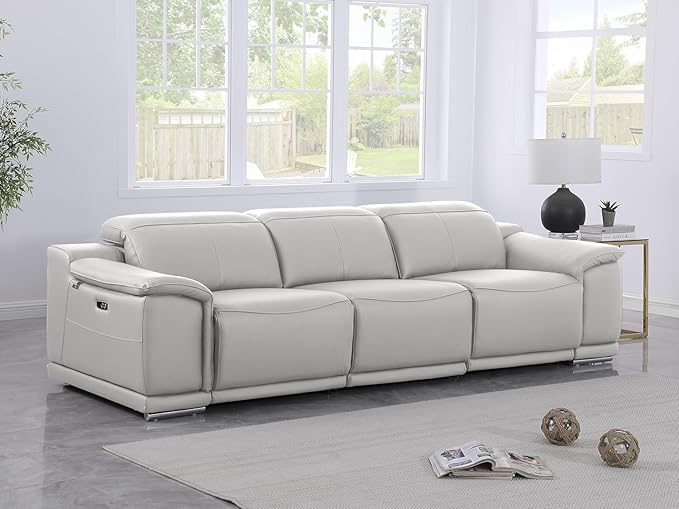 Blackjack Furniture Venice Top Grain Italian Leather Power Recline 3 Piece Sofa - 107" Theater Seating Modern Couch for Living Room Apartment Home with Adjustable Headrests & USB Port, Light Grey