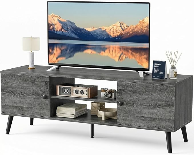 Sweetcrispy TV Stand for 55 60 inch TV, Modern Mid Century Entertainment Center with Storage, Media Console Table 2 Cabinet, Soft Hinge, Handle Door, Wooden Living Room, Office Furniture, Grey
