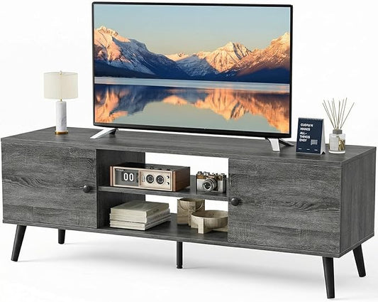 Sweetcrispy TV Stand for 55 60 inch TV, Modern Mid Century Entertainment Center with Storage, Media Console Table 2 Cabinet, Soft Hinge, Handle Door, Wooden Living Room, Office Furniture, Grey