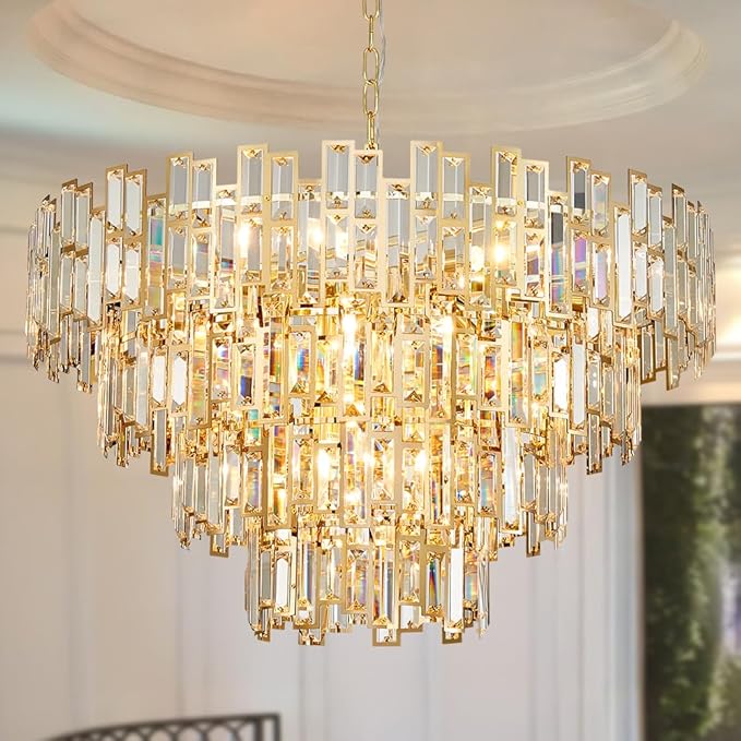 Crystal Contemporary Chandelier Foyer Entryway Lighting, 4-Tier Large Foyer Entrance Chandeliers for High Ceiling Big Crystal Chandelier (Dia 30 inch 15 Lights) Gold