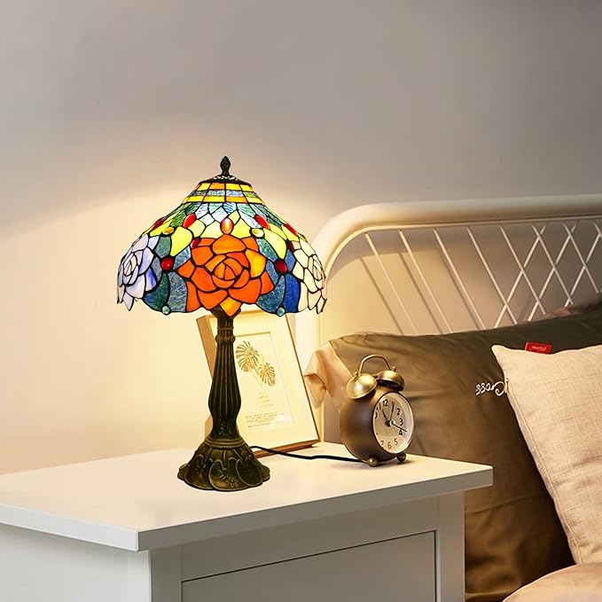 Tiffany Table Lamp Stained Glass Peony Flower Style Table Light, 12" Wide 19" Tall Handmade Bedside Table Night Lamp, Antique Art Craft Gifts for Living Room Bedroom Study Bookcase Desk Light